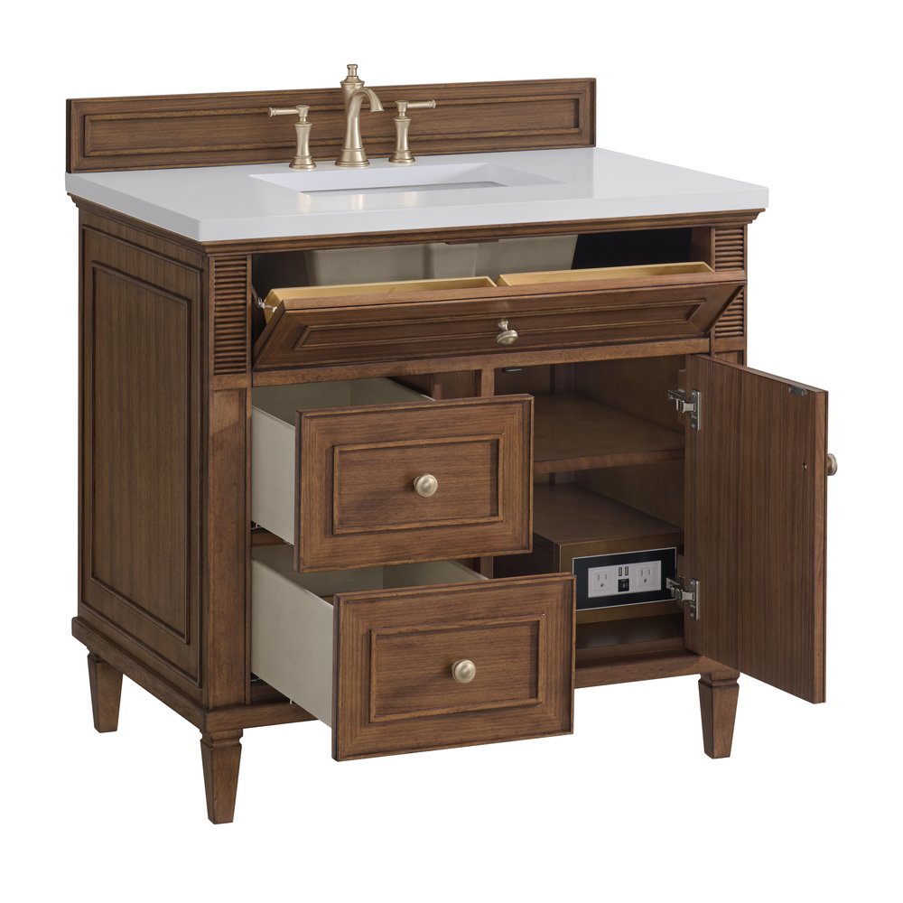 James Martin - Lorelai 36" Single Vanity, Mid-Century Walnut w/ 3 CM White Zeus Silestone Top - 424-V36-WLT-3WZ view 10