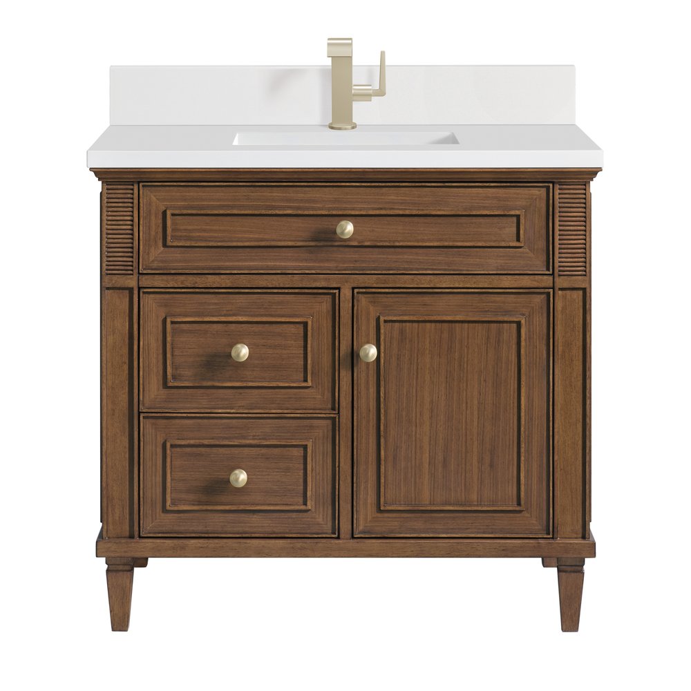 James Martin - Lorelai 36" Single Vanity, Mid-Century Walnut w/ Single Hole 3 CM White Zeus Silestone Top & Backsplash - 424-V36-WLT-1WZ view 1
