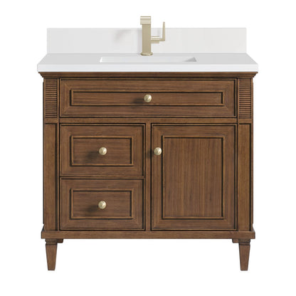 James Martin - Lorelai 36" Single Vanity, Mid-Century Walnut w/ Single Hole 3 CM White Zeus Silestone Top & Backsplash - 424-V36-WLT-1WZ view 1