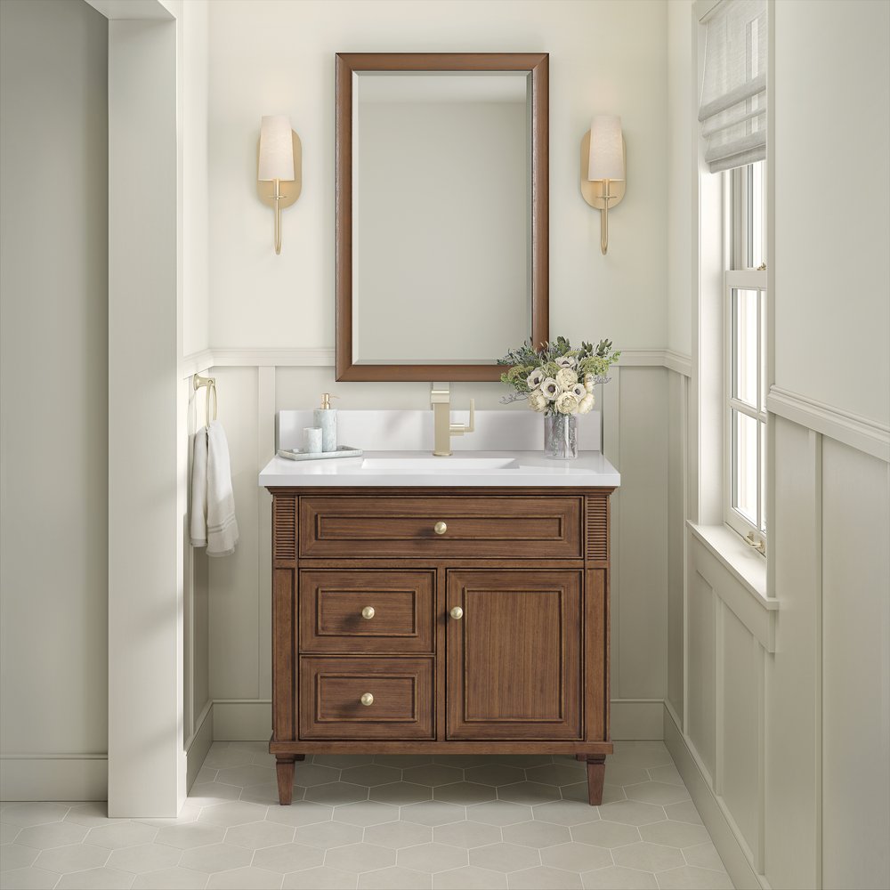 James Martin - Lorelai 36" Single Vanity, Mid-Century Walnut w/ Single Hole 3 CM White Zeus Silestone Top & Backsplash - 424-V36-WLT-1WZ view 2