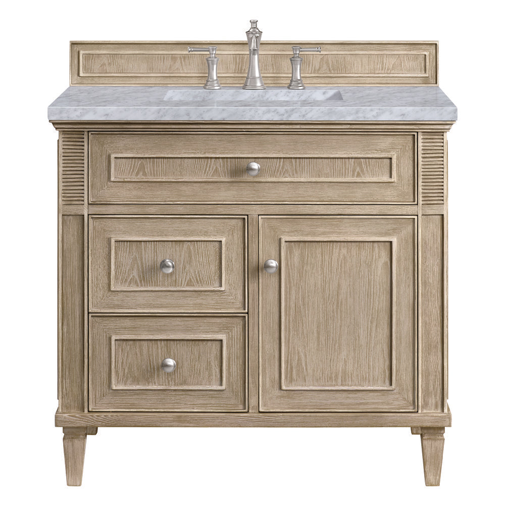 James Martin - Lorelai 36" Single Vanity, Whitewashed Oak w/ 3 CM Carrara White Marble Top - 424-V36-WWO-3CAR view 1