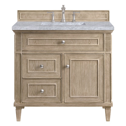 James Martin - Lorelai 36" Single Vanity, Whitewashed Oak w/ 3 CM Carrara White Marble Top - 424-V36-WWO-3CAR view 1