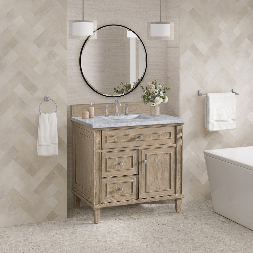 James Martin - Lorelai 36" Single Vanity, Whitewashed Oak w/ 3 CM Carrara White Marble Top - 424-V36-WWO-3CAR view 4