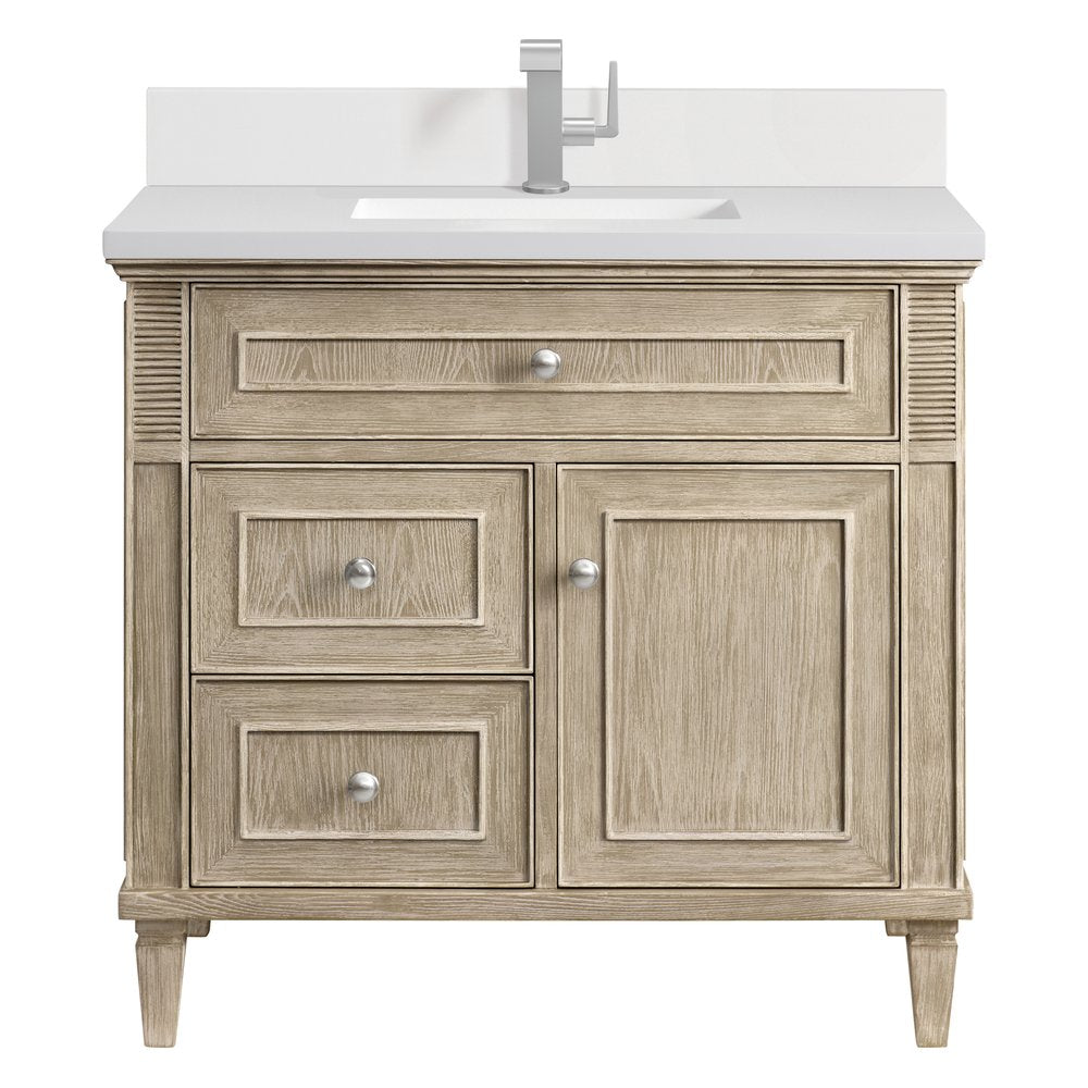 James Martin - Lorelai 36" Single Vanity, Whitewashed Oak w/ Single Hole 3 CM White Zeus Silestone Top & Backsplash - 424-V36-WWO-1WZ view 1