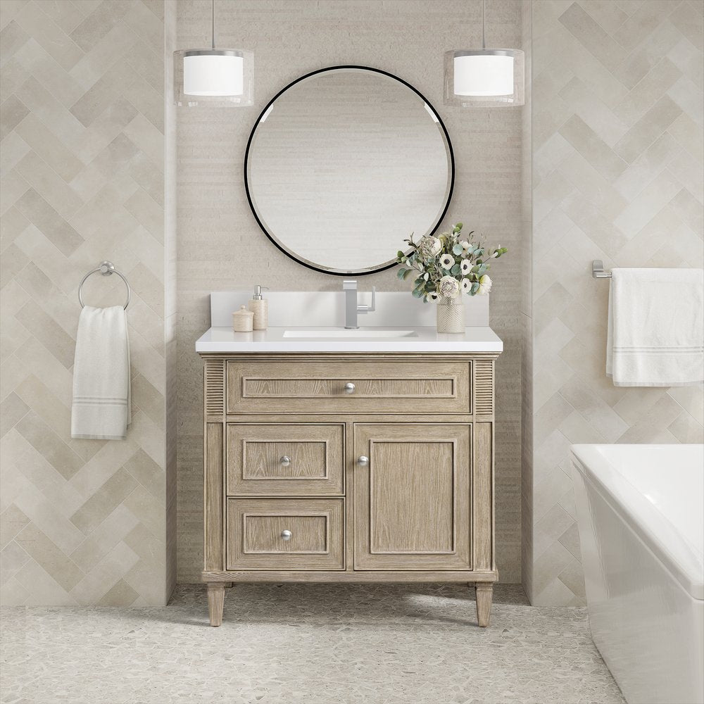 James Martin - Lorelai 36" Single Vanity, Whitewashed Oak w/ Single Hole 3 CM White Zeus Silestone Top & Backsplash - 424-V36-WWO-1WZ view 2
