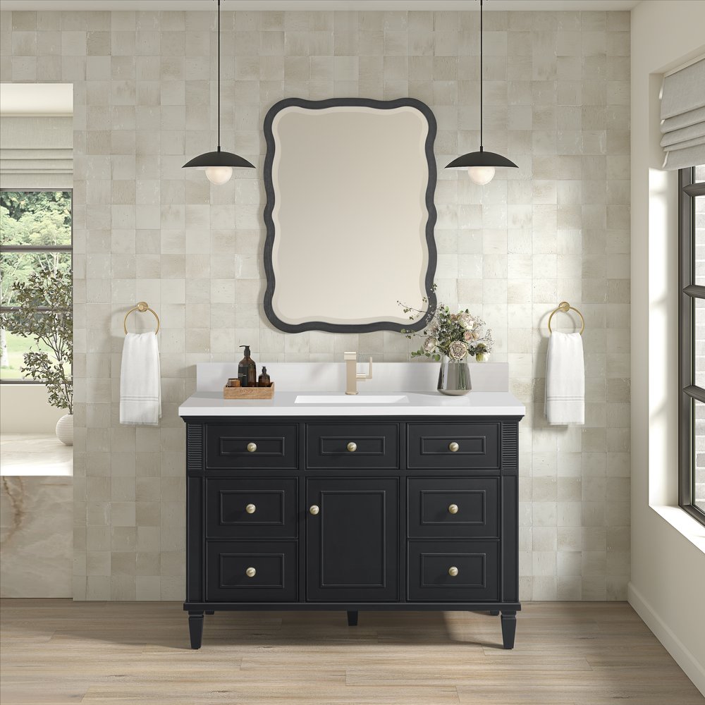 James Martin - Lorelai 48" Single Vanity, Black Onyx w/ Single Hole 3 CM White Zeus Silestone Top & Backsplash - 424-V48-BKO-1WZ view 2