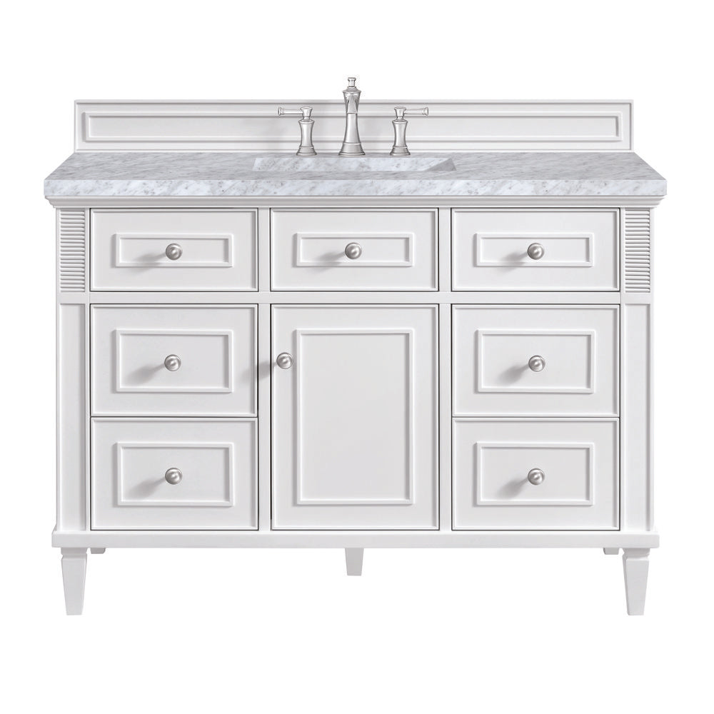 James Martin - Lorelai 48" Single Vanity, Bright White w/ 3 CM Carrara White Marble Top - 424-V48-BW-3CAR view 1