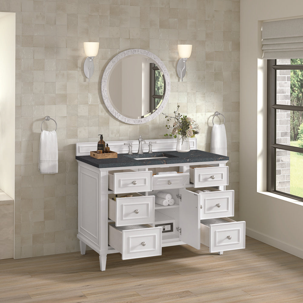 James Martin - Lorelai 48" Single Vanity, Bright White w/ 3 CM Parisien Bleu Silestone Top w/FreePower Wireless Charger - 424-V48-BW-FPBL view 7