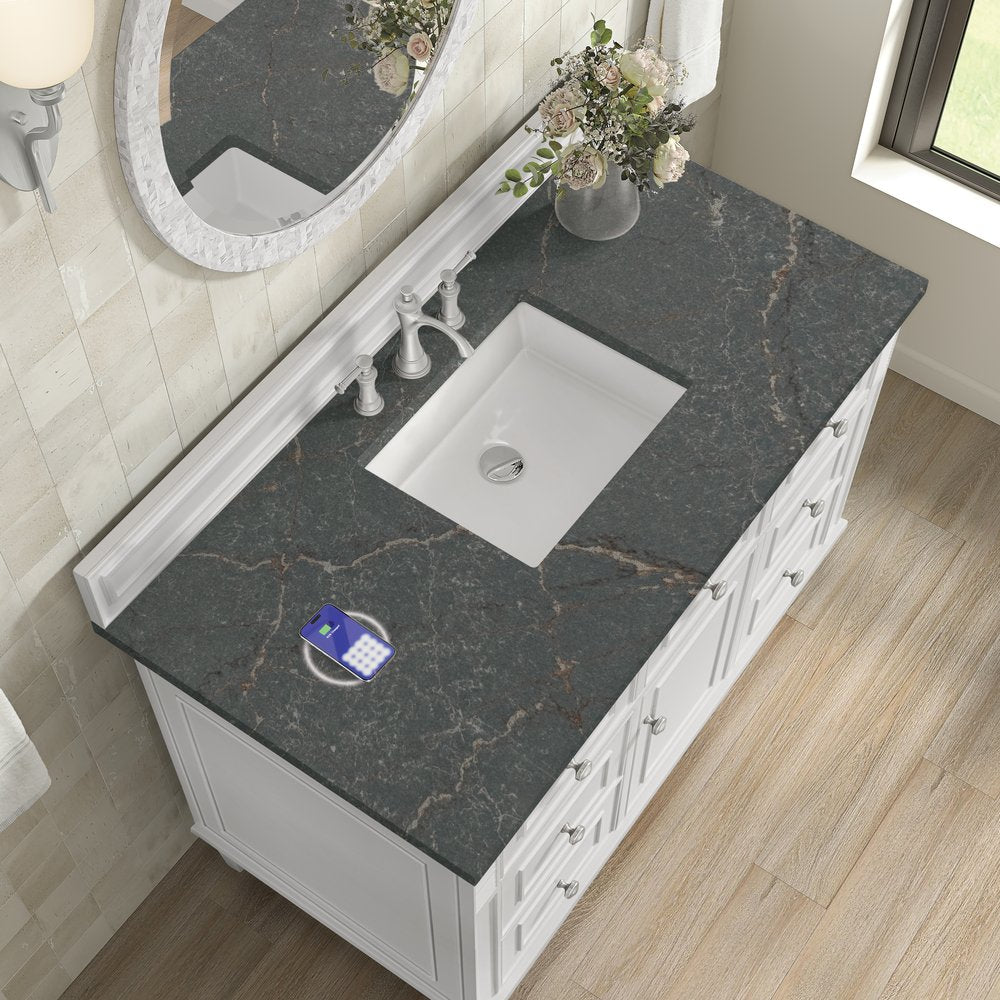 James Martin - Lorelai 48" Single Vanity, Bright White w/ 3 CM Parisien Bleu Silestone Top w/FreePower Wireless Charger - 424-V48-BW-FPBL view 9