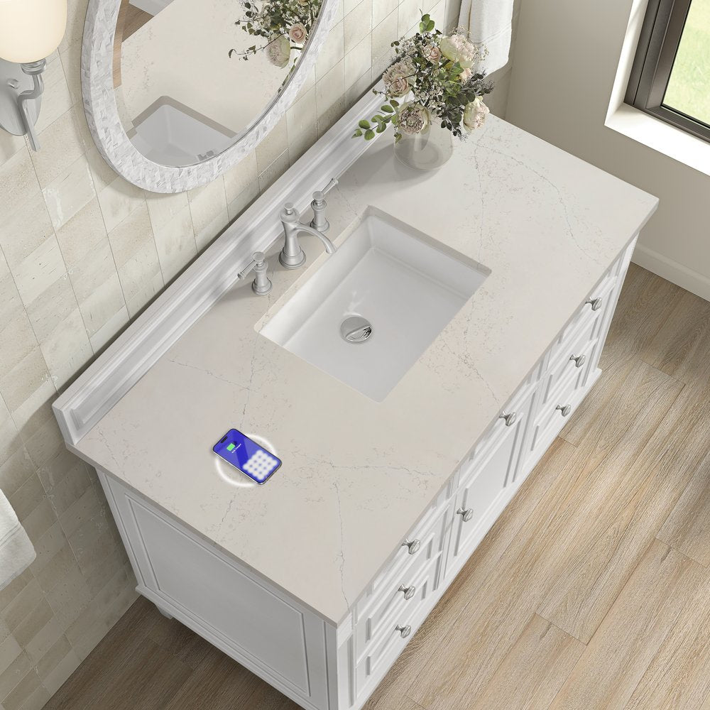 James Martin - Lorelai 48" Single Vanity, Bright White, w/ 3 CM Siberian Silestone Top w/FreePower Wireless Charger - 424-V48-BW-FSFR view 7