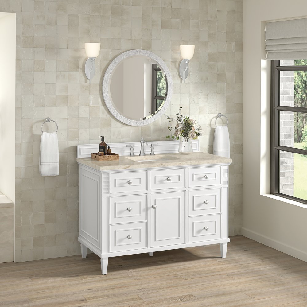 James Martin - Lorelai 48" Single Vanity, Bright White, w/ 3 CM Tajnar Eclos Top w/FreePower Wireless Charger - 424-V48-BW-FTJR view 4
