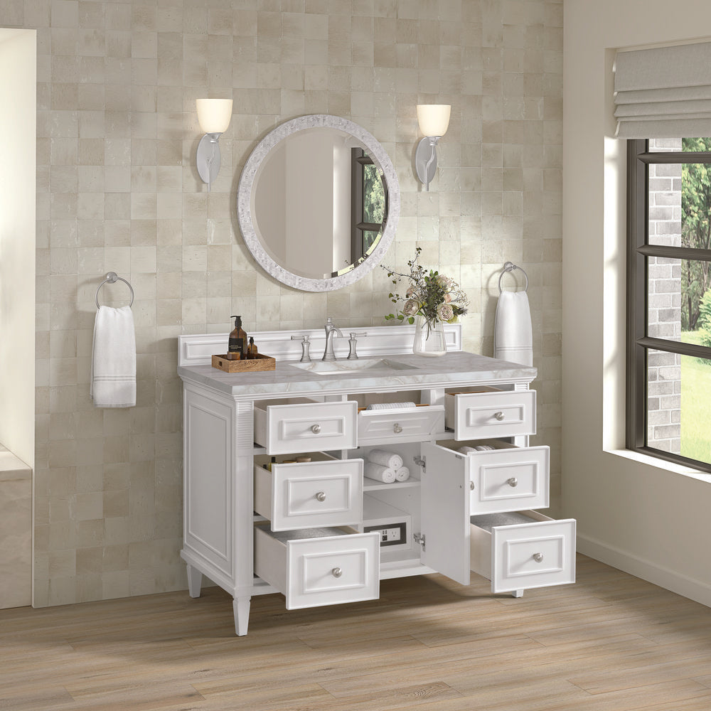 James Martin - Lorelai 48" Single Vanity, Bright White w/ 3 CM Victorian Silver Silestone Top w/FreePower Wireless Charger - 424-V48-BW-FVSL view 7