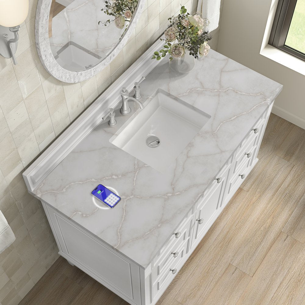 James Martin - Lorelai 48" Single Vanity, Bright White w/ 3 CM Victorian Silver Silestone Top w/FreePower Wireless Charger - 424-V48-BW-FVSL view 9