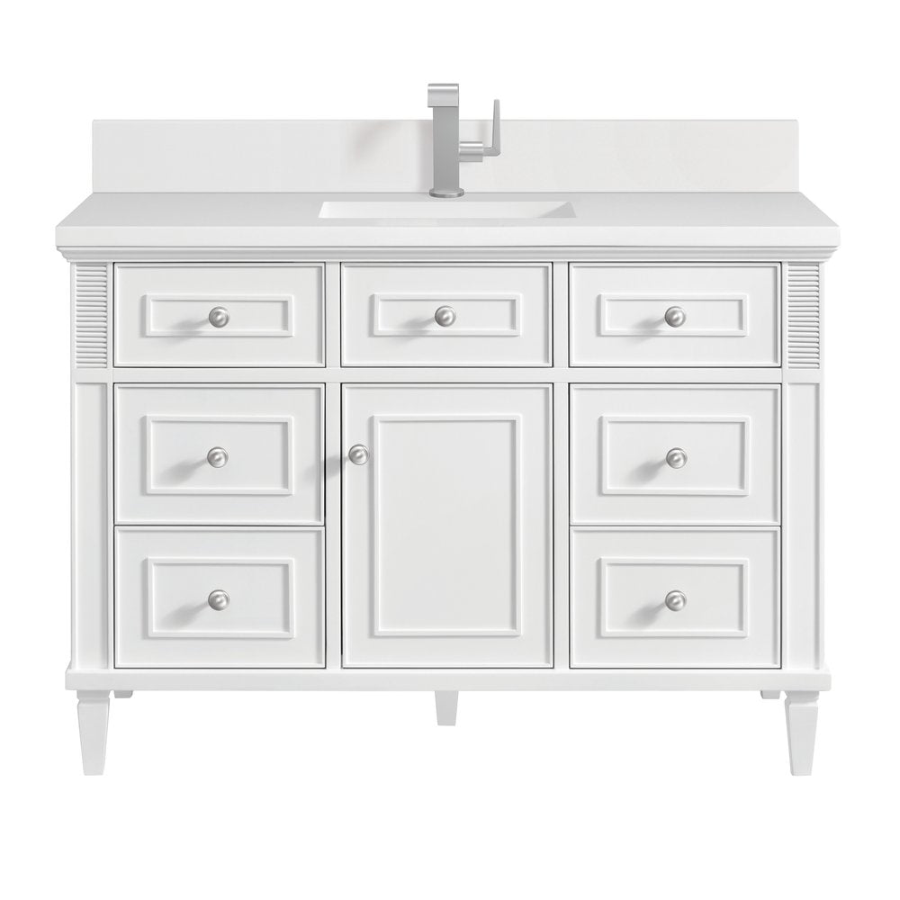 James Martin - Lorelai 48" Single Vanity, Bright White w/ Single Hole 3 CM White Zeus Silestone Top & Backsplash - 424-V48-BW-1WZ view 1