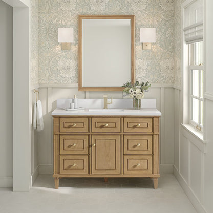 James Martin - Lorelai 48" Single Vanity, Light Natural Oak w/ Single Hole 3 CM White Zeus Silestone Top & Backsplash - 424-V48-LNO-1WZ view 2