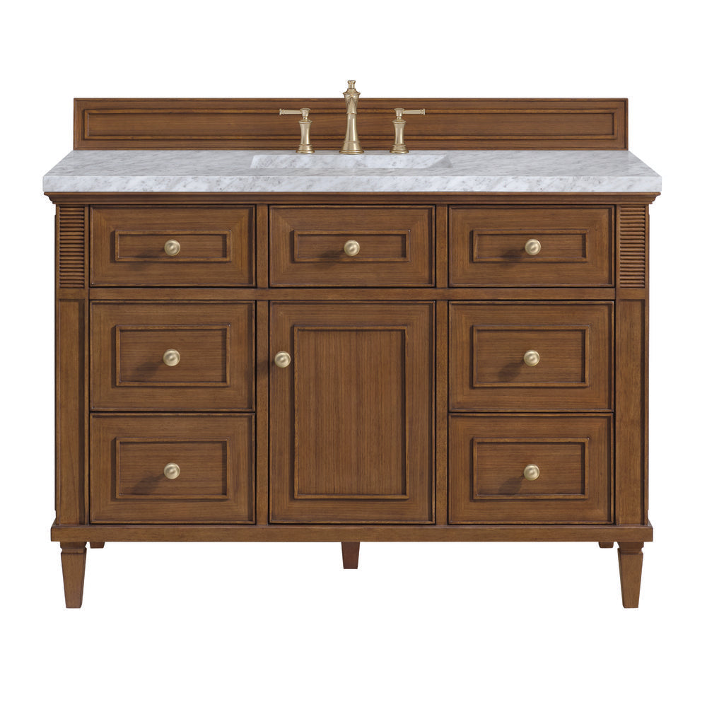 James Martin - Lorelai 48" Single Vanity, Mid-Century Walnut w/ 3 CM Carrara White Marble Top - 424-V48-WLT-3CAR view 1