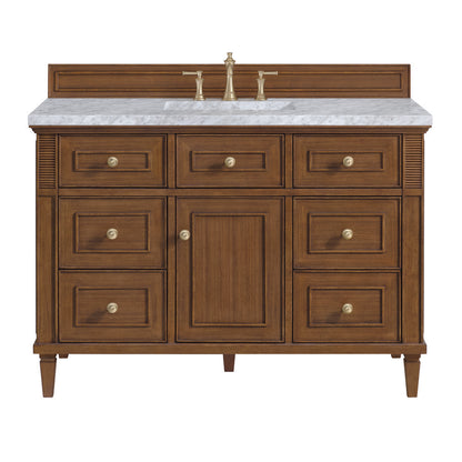 James Martin - Lorelai 48" Single Vanity, Mid-Century Walnut w/ 3 CM Carrara White Marble Top - 424-V48-WLT-3CAR view 1