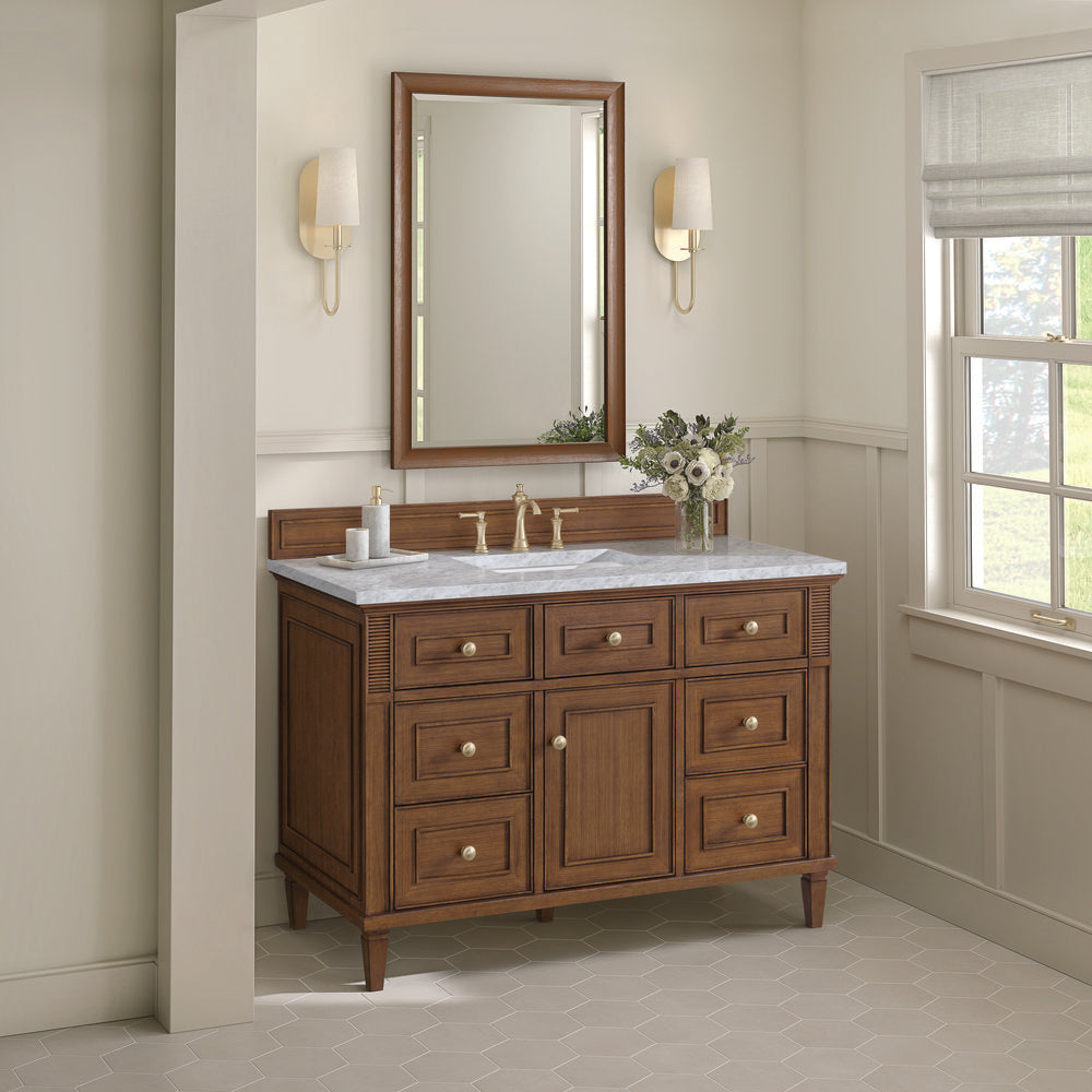 James Martin - Lorelai 48" Single Vanity, Mid-Century Walnut w/ 3 CM Carrara White Marble Top - 424-V48-WLT-3CAR view 5