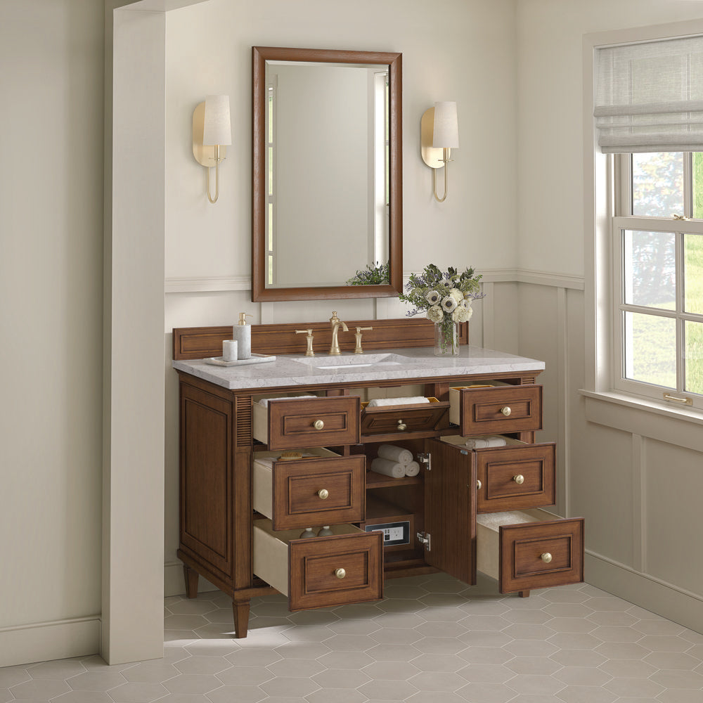James Martin - Lorelai 48" Single Vanity, Mid-Century Walnut w/ 3 CM Eternal Jasmine Pearl Silestone Top - 424-V48-WLT-3EJP view 6