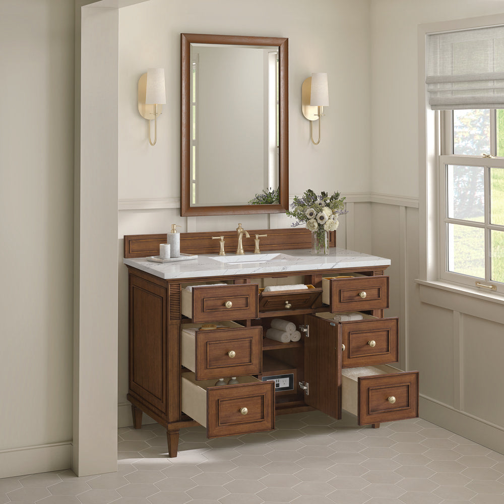 James Martin - Lorelai 48" Single Vanity, Mid-Century Walnut w/ 3 CM Ethereal Noctis Silestone Top - 424-V48-WLT-3ENC view 6