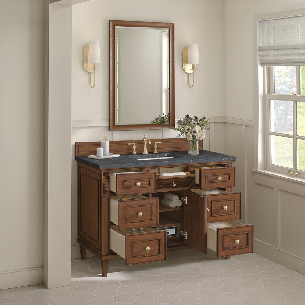 James Martin - Lorelai 48" Single Vanity, Mid-Century Walnut w/ 3 CM Parisien Bleu Silestone Top - 424-V48-WLT-3PBL view 6