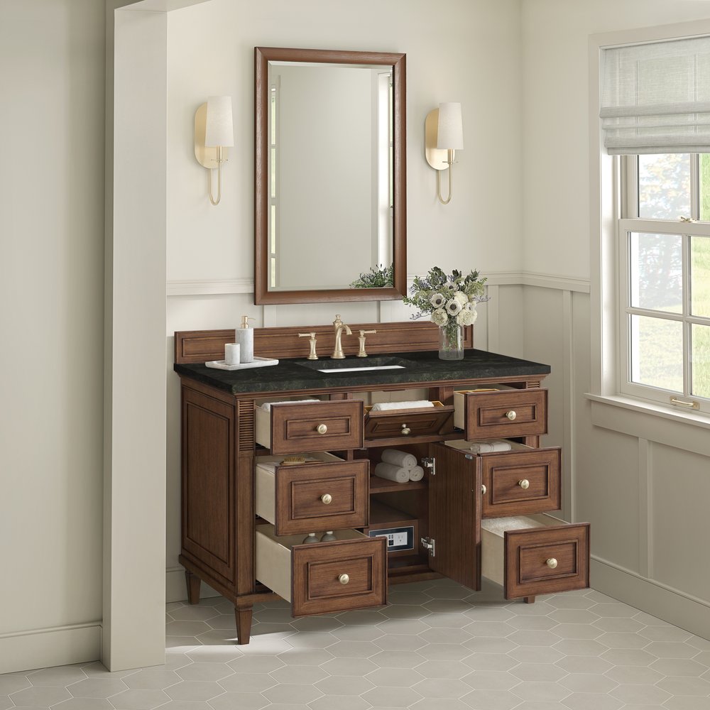 James Martin - Lorelai 48" Single Vanity, Mid-Century Walnut, w/ 3 CM Phantome Eclos Top - 424-V48-WLT-3PHT view 6