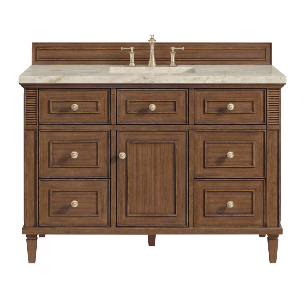 James Martin - Lorelai 48" Single Vanity, Mid-Century Walnut, w/ 3 CM Tajnar Eclos Top - 424-V48-WLT-3TJR view 1