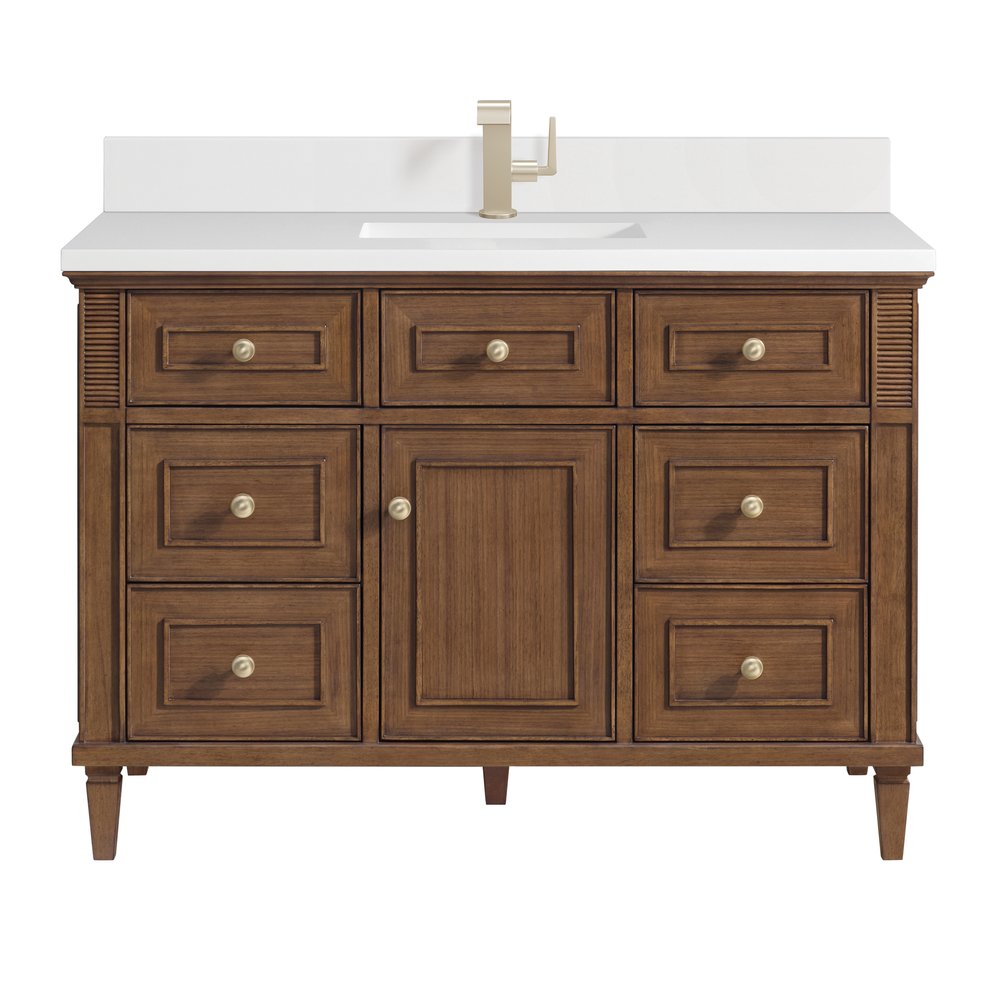 James Martin - Lorelai 48" Single Vanity, Mid-Century Walnut w/ Single Hole 3 CM White Zeus Silestone Top & Backsplash - 424-V48-WLT-1WZ view 1