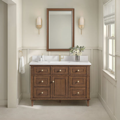 James Martin - Lorelai 48" Single Vanity, Mid-Century Walnut w/ Single Hole 3 CM White Zeus Silestone Top & Backsplash - 424-V48-WLT-1WZ view 2