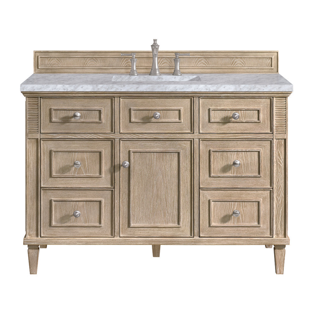 James Martin - Lorelai 48" Single Vanity, Whitewashed Oak w/ 3 CM Carrara White Marble Top - 424-V48-WWO-3CAR view 1