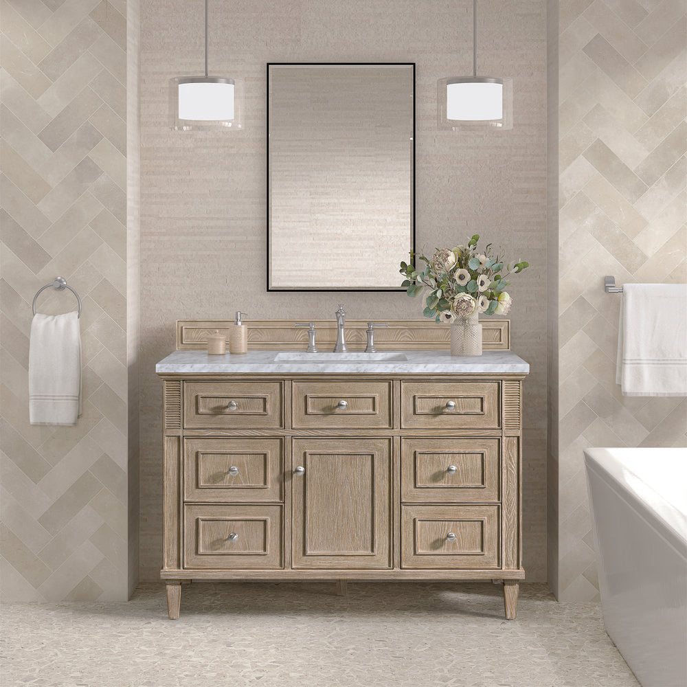 James Martin - Lorelai 48" Single Vanity, Whitewashed Oak w/ 3 CM Carrara White Marble Top - 424-V48-WWO-3CAR view 3
