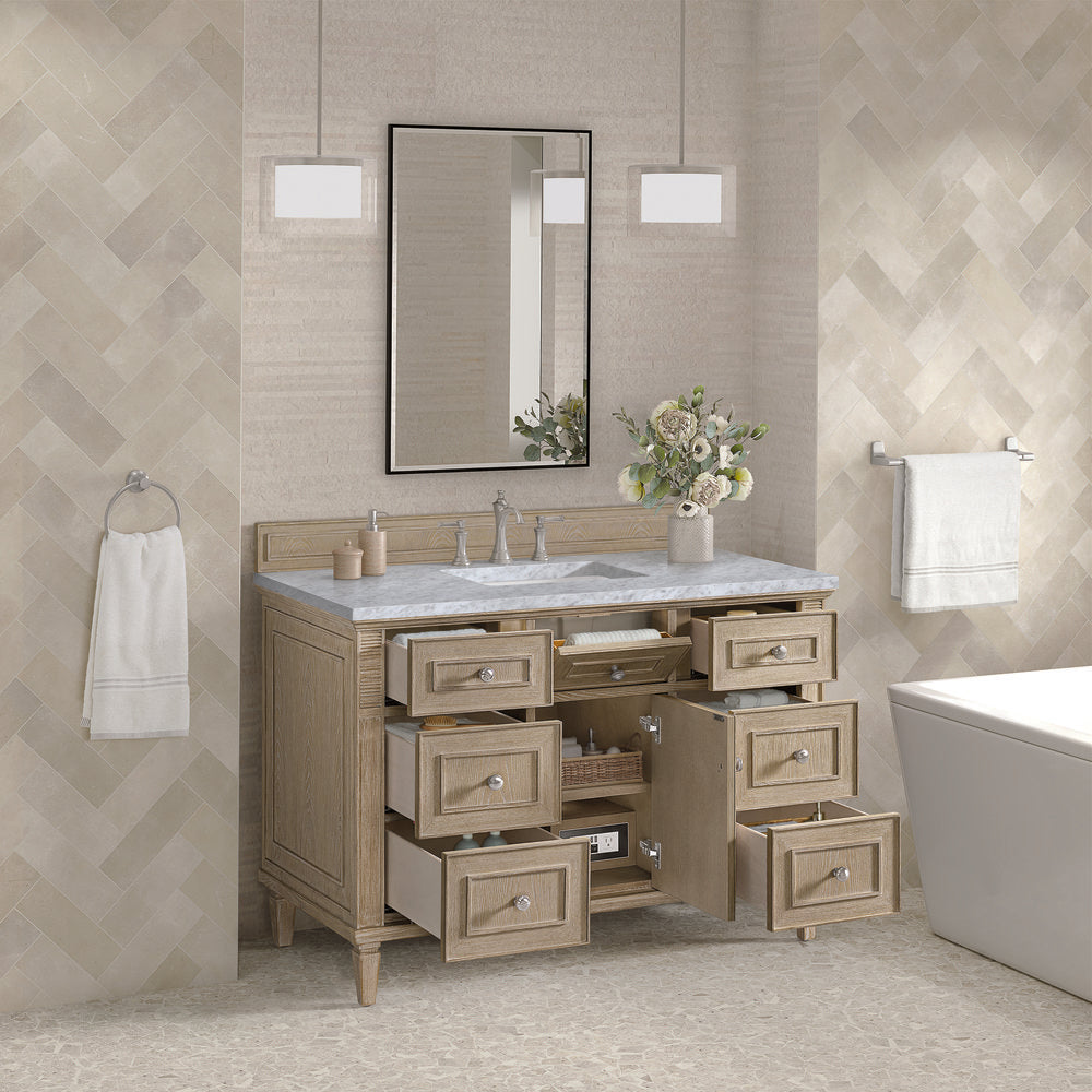James Martin - Lorelai 48" Single Vanity, Whitewashed Oak w/ 3 CM Carrara White Marble Top - 424-V48-WWO-3CAR view 5
