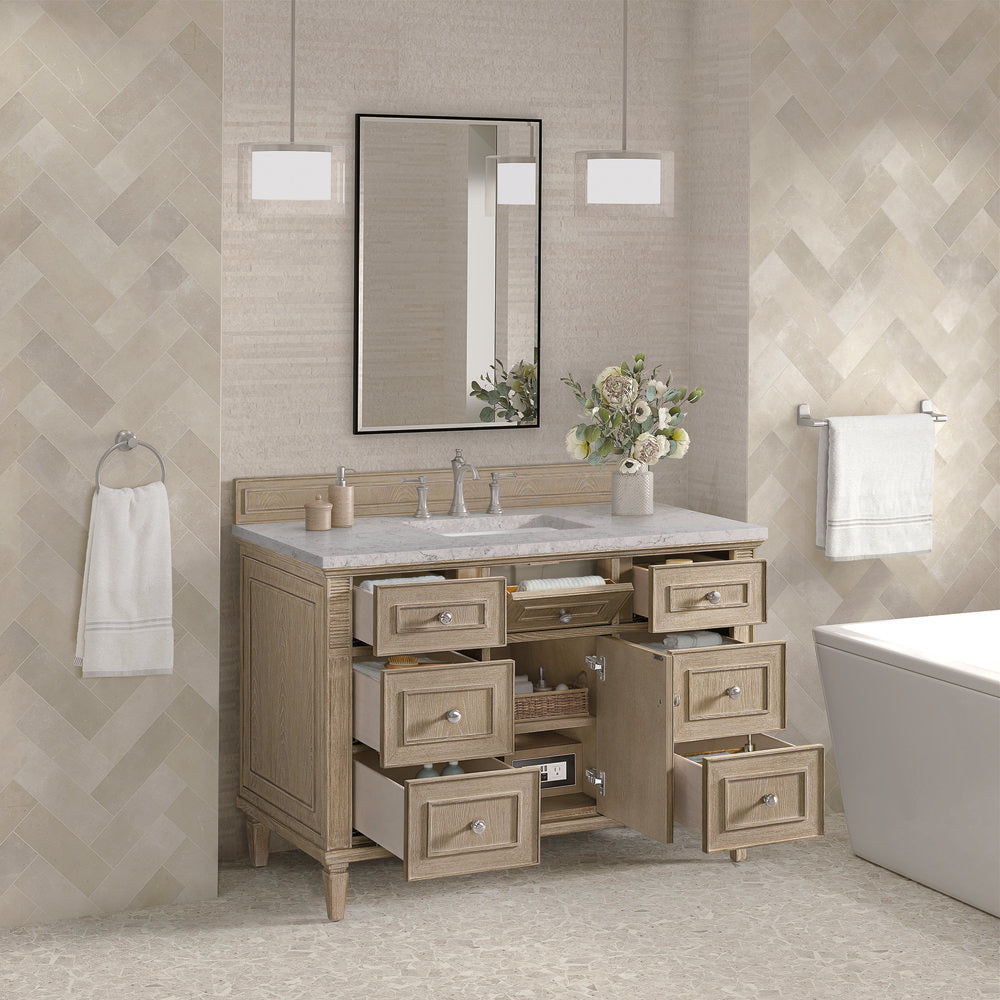 James Martin - Lorelai 48" Single Vanity, Whitewashed Oak w/ 3 CM Eternal Jasmine Pearl Silestone Top w/FreePower Wireless Charger - 424-V48-WWO-FEJP view 6