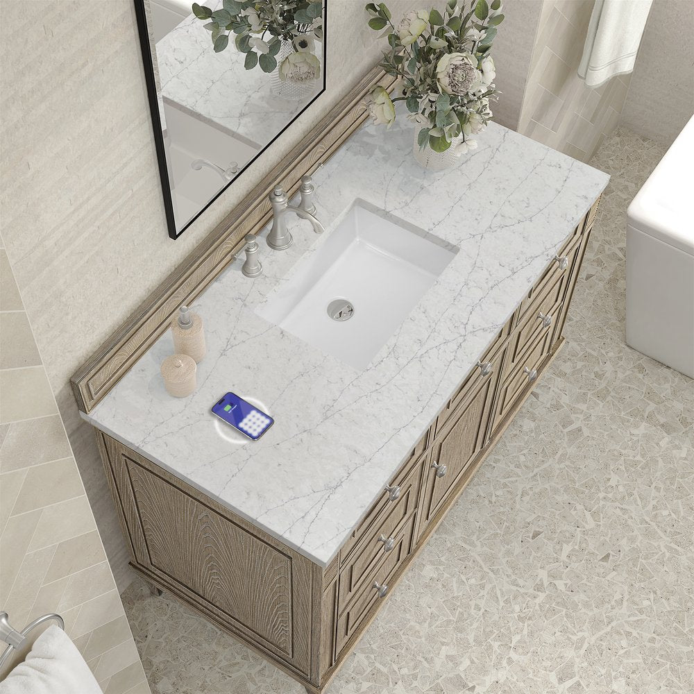 James Martin - Lorelai 48" Single Vanity, Whitewashed Oak w/ 3 CM Eternal Jasmine Pearl Silestone Top w/FreePower Wireless Charger - 424-V48-WWO-FEJP view 8