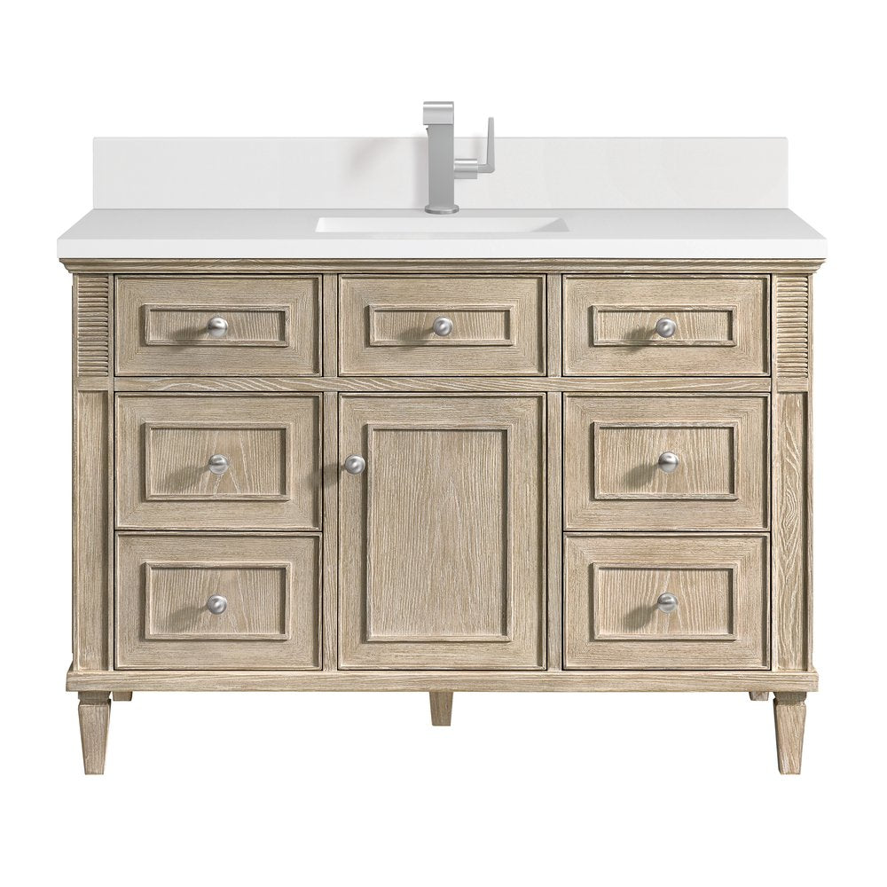 James Martin - Lorelai 48" Single Vanity, Whitewashed Oak w/ Single Hole 3 CM White Zeus Silestone Top & Backsplash - 424-V48-WWO-1WZ view 1