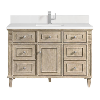 James Martin - Lorelai 48" Single Vanity, Whitewashed Oak w/ Single Hole 3 CM White Zeus Silestone Top & Backsplash - 424-V48-WWO-1WZ view 1
