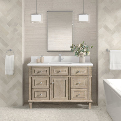 James Martin - Lorelai 48" Single Vanity, Whitewashed Oak w/ Single Hole 3 CM White Zeus Silestone Top & Backsplash - 424-V48-WWO-1WZ view 2