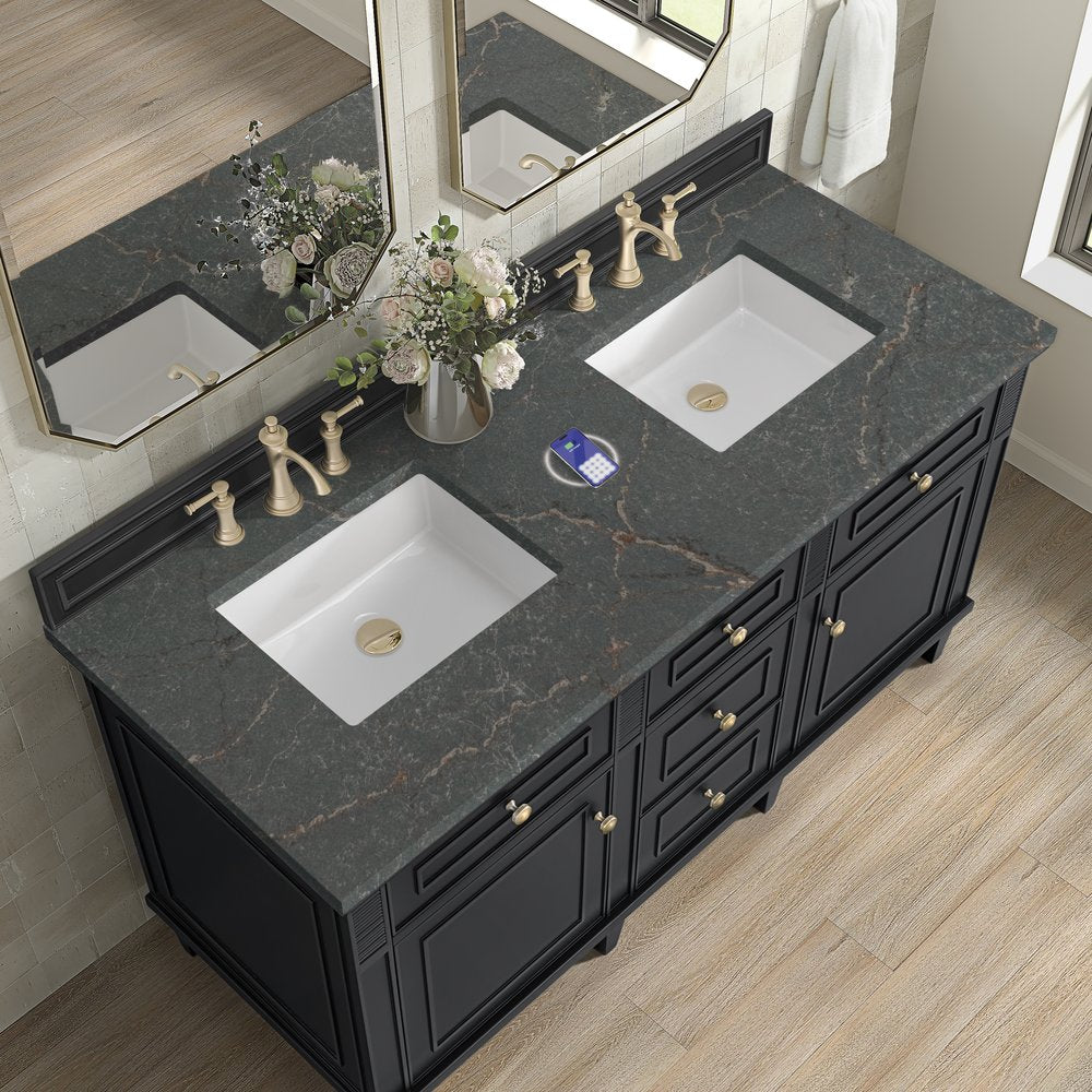 James Martin - Lorelai 60" Double Vanity, Black Onyx w/ 3 CM Parisien Bleu Silestone Top w/FreePower Wireless Charger - 424-V60D-BKO-FPBL view 8