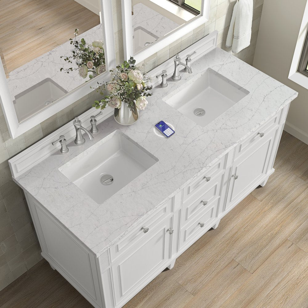 James Martin - Lorelai 60" Double Vanity, Bright White w/ 3 CM Eternal Jasmine Pearl Silestone Top w/FreePower Wireless Charger - 424-V60D-BW-FEJP view 9