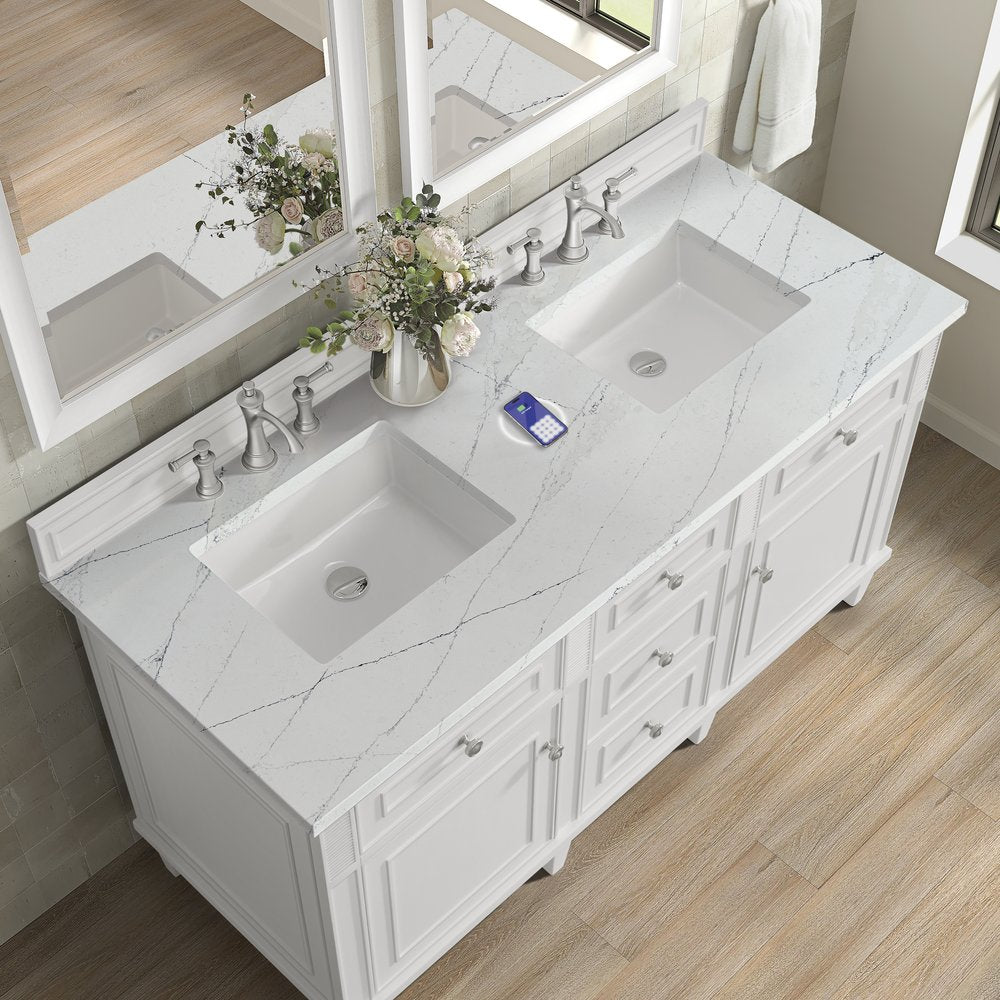 James Martin - Lorelai 60" Double Vanity, Bright White w/ 3 CM Ethereal Noctis Silestone Top w/FreePower Wireless Charger - 424-V60D-BW-FENC view 9