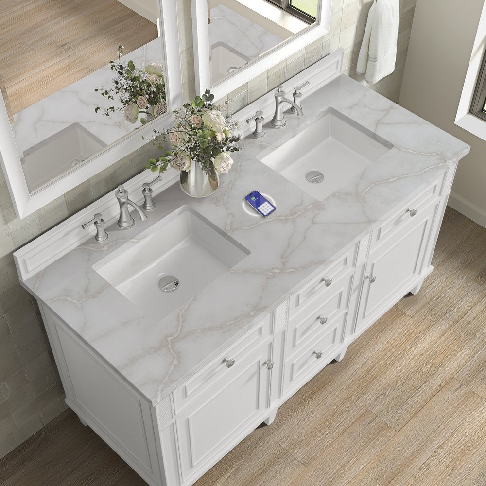 James Martin - Lorelai 60" Double Vanity, Bright White w/ 3 CM Victorian Silver Silestone Top w/FreePower Wireless Charger - 424-V60D-BW-FVSL view 9