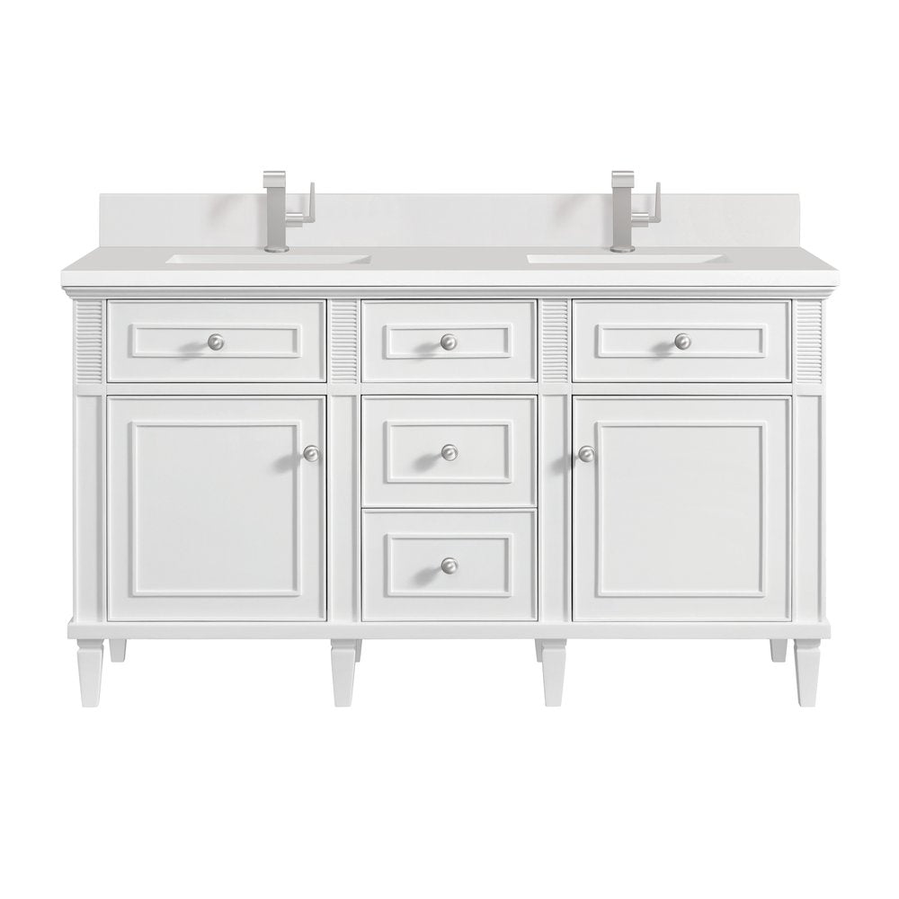 James Martin - Lorelai 60" Double Vanity, Bright White w/ Single Hole 3 CM White Zeus Silestone Top & Backsplash - 424-V60D-BW-1WZ view 1