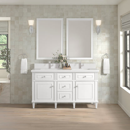 James Martin - Lorelai 60" Double Vanity, Bright White w/ Single Hole 3 CM White Zeus Silestone Top & Backsplash - 424-V60D-BW-1WZ view 2