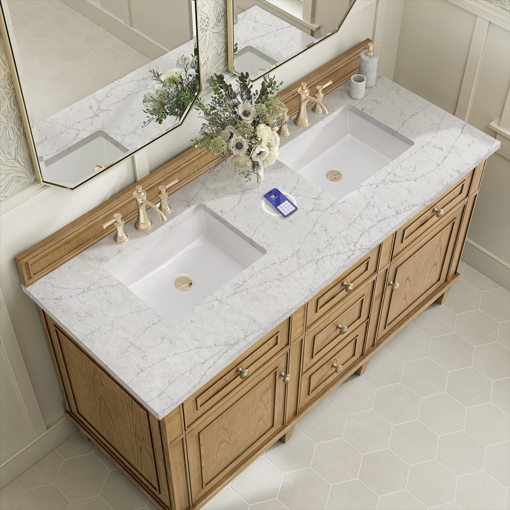 James Martin - Lorelai 60" Double Vanity, Light Natural Oak w/ 3 CM Eternal Jasmine Pearl Silestone Top w/FreePower Wireless Charger - 424-V60D-LNO-FEJP view 8