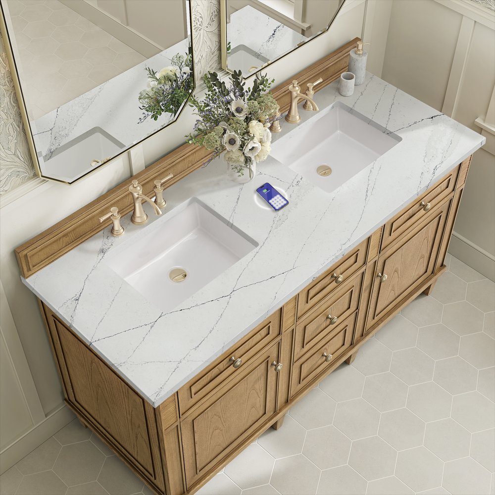 James Martin - Lorelai 60" Double Vanity, Light Natural Oak w/ 3 CM Ethereal Noctis Silestone Top w/FreePower Wireless Charger - 424-V60D-LNO-FENC view 8