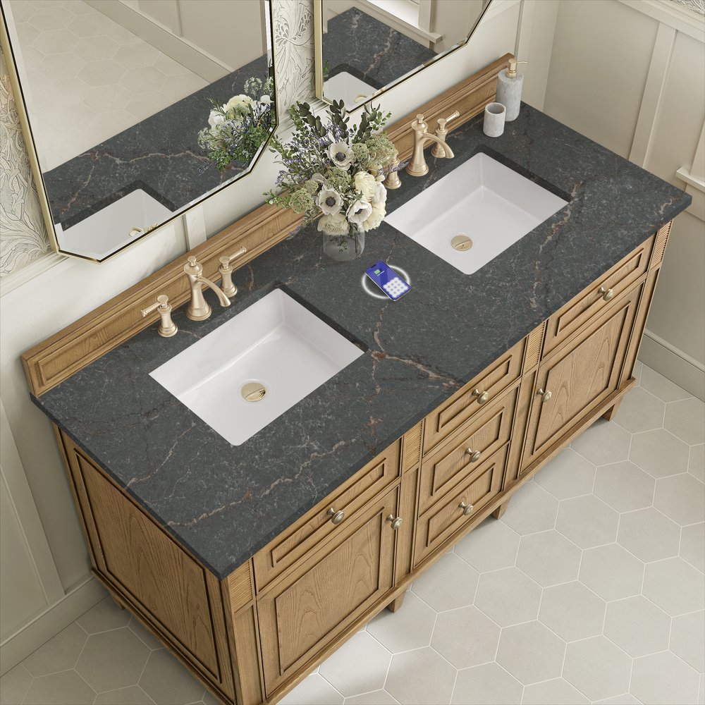 James Martin - Lorelai 60" Double Vanity, Light Natural Oak w/ 3 CM Parisien Bleu Silestone Top w/FreePower Wireless Charger - 424-V60D-LNO-FPBL view 8