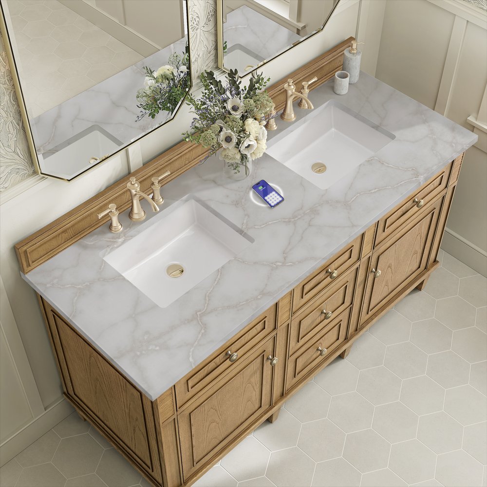 James Martin - Lorelai 60" Double Vanity, Light Natural Oak w/ 3 CM Victorian Silver Silestone Top w/FreePower Wireless Charger - 424-V60D-LNO-FVSL view 8