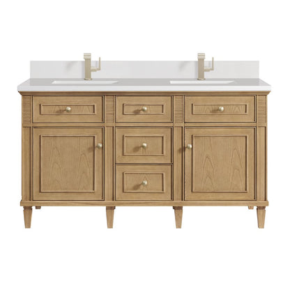 James Martin - Lorelai 60" Double Vanity, Light Natural Oak w/ Single Hole 3 CM White Zeus Silestone Top & Backsplash - 424-V60D-LNO-1WZ view 1
