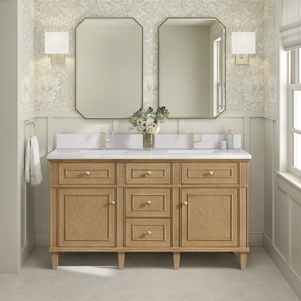 James Martin - Lorelai 60" Double Vanity, Light Natural Oak w/ Single Hole 3 CM White Zeus Silestone Top & Backsplash - 424-V60D-LNO-1WZ view 2