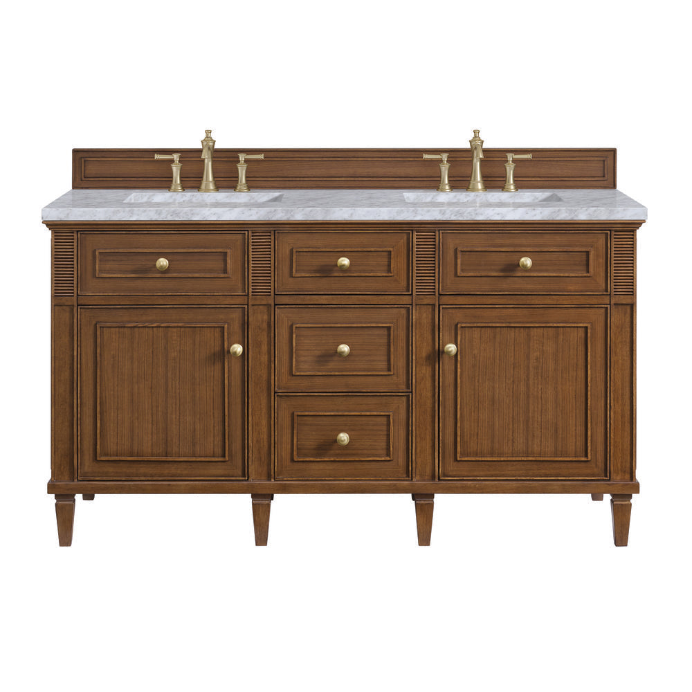 James Martin - Lorelai 60" Double Vanity, Mid-Century Walnut w/ 3 CM Carrara White Marble Top - 424-V60D-WLT-3CAR view 1